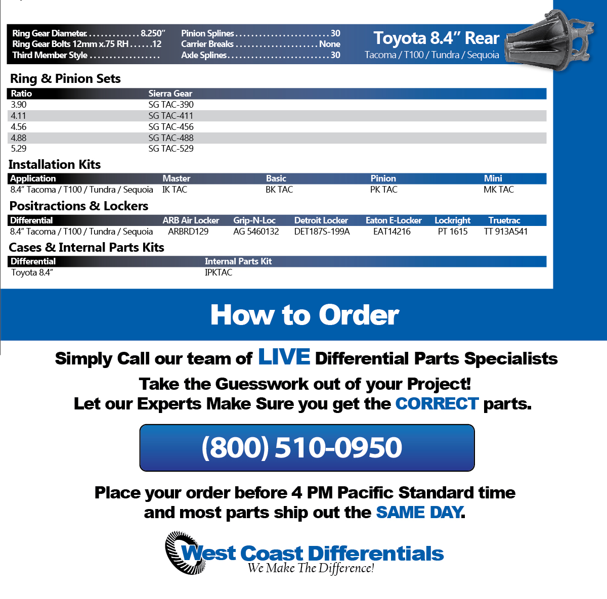 Toyota 8.4 Inch Tacoma, Tundra, & T100 Axle - Differential, Ring and Pinion, Gear & Axle Parts Catalog