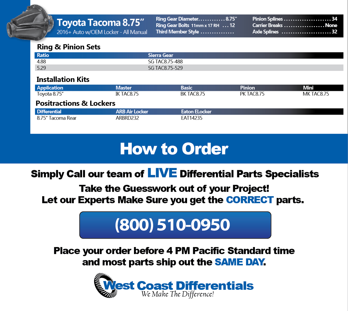 Toyota 8.75 & 9 Inch Tacoma Rear Axle - Differential, Ring and Pinion, Gear & Axle Parts Catalog